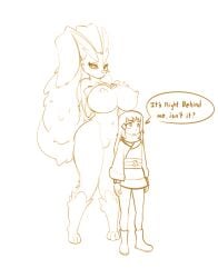 anthro areola big_breasts breasts cheek_tuft duo eyebrows female fur generation_4_pokemon human lagomorph leporid long_ears lopunny mammal monochrome navel nintendo nipples pokemon pokemon_(species) solo sugarlesspaints tuft