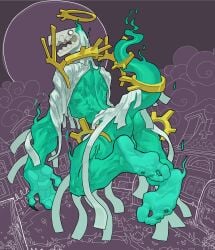 2023 absurd_res anthro ass backsack balls big_hands biped bone claws digital_media_(artwork) empty_eyes feet finger_claws floating genitals ghost green_balls green_body halo hi_res looking_at_viewer looking_back looking_back_at_viewer male monotone_body nsfuwu4 outside plantigrade skull skull_head solo spirit toes