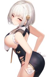 1girls ass azur_lane big_breasts blush breasts btraphen dress female female_only gloves hair_ornament light-skinned_female light_skin looking_at_viewer no_bra only_female red_eyes royal_navy_(azur_lane) short_hair sirius_(azur_lane) sirius_(azure_horizons)_(azur_lane) solo thick_thighs thighs white_background white_gloves white_hair