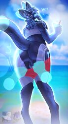 anthro ass balls beach beverage bottomwear clothed clothing cypro disembodied_hand gamibri genitals ghost_hands hi_res leleo machine male partially_clothed protogen seaside shorts shorts_down solo tagme