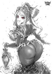 ass ass_focus big_ass black_and_white bottom_heavy breasts dress dumptruck_ass headwear hi_res high_resolution highres hips huge_ass huge_breasts overlord_(maruyama) pantylines ponytail red_eyes ribbon shalltear_bloodfallen shortstack smile tagme thegoldensmurf thick_thighs thighs umbrella vampire vampire_girl white_background wide_hips