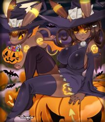 1girls animal bat big_breasts black_hair blair_(soul_eater) cosplay dress ear_piercing earrings eeveelution feline female female_only generation_2_pokemon halloween high_heel_boots high_heels horns looking_at_viewer narrowed_eyes nintendo nipple_bulge nose_piercing pokémon_(species) pokemon pumpkin red_eyes sitting smiling smiling_at_viewer solo soul_eater succubus_wings succumbeon umbreon wings witch witch_hat yellow_sclera