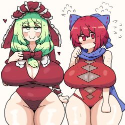 2girls accessory big_breasts blush breasts cleavage clothed_female doodle female green_eyes green_hair heart kagiyama_hina leotard light-skinned_female notnoe_(dxcl) red_eyes red_hair request scarf sekibanki smile sweat thick_thighs thighs touhou white_background