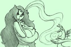 2023 adventure_time artist_signature big_breasts black_and_white black_hair breasts breasts cleavage hatching_(texture) holding_throat huge_breasts kinktober large_breasts long_hair marceline marceline_the_vampire_queen self_upload sketch skindentation vampire vampire_girl voice_theft yetig