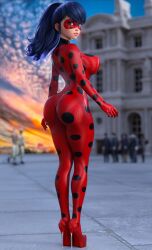 1girls 3d 3d_(artwork) ass big_ass big_breasts blue_eyes blue_hair bodysuit curvaceous curvy curvy_female curvy_figure eye_mask female female_only high_heels huge_breasts ladybug_(character) large_breasts long_hair looking_back marinette_dupain-cheng miraculous:_tales_of_ladybug_and_cat_noir miraculous_ladybug platform_heels ponytail public rear_view ruidx solo stiletto_heels superheroine very_high_heels voluptuous voluptuous_female