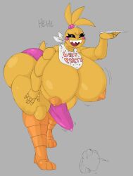 1futa areola areolae bent_over bib black_sclera breasts bulge bulge_through_clothing clothed clothing cupcake_(fnaf) erection erection_under_clothes erection_under_clothing five_nights_at_freddy's five_nights_at_freddy's_2 futa_focus futanari gigantic_breasts huge_breasts huge_cock humanoid kdsecretstash mostly_nude nipples penis precum precum_in_clothes precum_in_panties presenting solo_focus standing tenting text topless toy_chica_(fnaf)