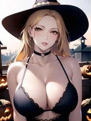 1girls ai_generated ai_mirror big_breasts black_bodysuit blonde_hair blush brown_eyes building collar earrings jack-o'-lantern long_hair looking_at_viewer pumpkin thick_lips white_skin witch witch_hat wooden_fence