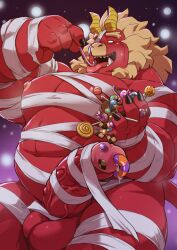 2_horns balls bandage candy claws demon dessert food gardie_(otukimi) genitals halloween hi_res holidays horn humanoid male othukimi red_body red_skin solo vein veiny_muscles