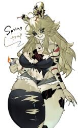 2023 2023s animal_ears breasts cleavage clothed clothing female fingernails five_nights_at_freddy's five_nights_at_freddy's_3 fnaf fur furry furry_female green_fur green_hair grey_eyes hi_res hole_on_body humanoid large_breasts lighter long_hair looking_at_viewer rabbit rabbit_ears rabbit_girl rabbit_tail ripped_clothes rule_63 scottgames sharp_fingernails shorts simple_background smile solo springtrap springtrap_(fnaf) toge77789 togetoge white_background wide_hips