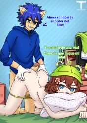 1boy 1boy1girl 1girls before_sex blue_eyes blue_hair brown_hair clothes_removed comic comic_page dick erect_penis erection female flower frog frog_girl frog_hair_ornament green_eyes male male/female no_bra on_bed panties_down parra parra_(vtuber) pillow pillow_grab png sirivt smile smiling spanish_text virtual_youtuber vtuber yellow_panties