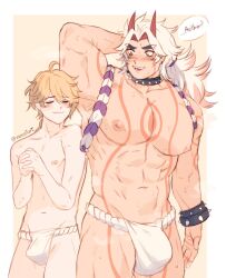 2boys aether_(genshin_impact) arataki_itto blonde_hair bulge fundoshi genshin_impact male male_only moobs muscular muscular_arms muscular_male nipples pecs shy smelling_armpit spiked_bracelet spiked_collar tattoo twink underwear varantart white_hair