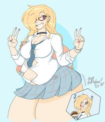 1girls 2023 ??? artist_signature big_belly big_breasts blonde_hair bracelet burger button_down_shirt button_gap choker chubby_female color daisy_(juice_inyoureye) ear_piercings ear_ring eating english_text glasses hair_over_one_eye juice_inyoureye(artist) kitagawa_marin_(cosplay) motion_lines necktie painted_nails red_eyes rolled_up_sleeves skirt sono_bisque_doll_wa_koi_wo_suru stomach_noises straining_buttons thick_thighs two_tone_hair