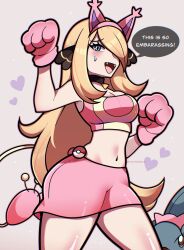 1girls blonde_hair blue_eyes blush bottomwear breasts cosplay cynthia_(pokemon) dialogue fangs game_freak gible hair_over_one_eye light-skinned_female light_skin long_hair nintendo paw_gloves pokemon pokemon_(cosplay) pokemon_champion pokemon_dppt single_sweatdrop skitty_(cosplay) speech_bubble sweatdrop text thighs touyarokii