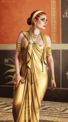 1girls 2d 2d_(artwork) ancient_egypt ancient_greece areola_slip cleopatra egyptian egyptian_eyeliner egyptian_female female female_focus female_only gold_clothing gold_jewelry greek greek_clothes greek_female historical history human human_only jewelry jfoliveras joan_francesc_oliveras lipstick nipple_slip nipples nipples_visible_through_clothing pale-skinned_female pale_skin petite red_hair see-through see-through_clothing small_breasts traditional_clothes