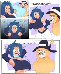 2girls absurd_res bananonm bare_shoulders big_breasts butterscotch_(bananonm) comic comic_page detachable_head detached dullahan fight floating_head glasses headless long_hair magic multiple_girls sharp_teeth shocked_expression smug_face sole_female transformation underboob witch_hat