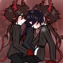 3boys anal anal_sex black_hair clones colored_skin cowgirl_position demon_horns demon_tail father father_and_son funamusea hair_covering_eyes hair_over_eyes height_difference horns incest ivlis licorice_(funamusea) partially_clothed penetration pointy_ears ponytail purple_hair red_hair sex side_view son syachiico tail the_gray_garden two_tone_hair white_skin yaoi yellow_eyes