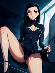 ai_generated black_dress black_hair blue_eyes blue_eyeshadow breasts ergo_proxy eyeshadow female female_only goth_girl open_legs panties re-l_mayer small_breasts tagme