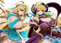 2girls ahoge blonde_hair blue_eyes breasts breasts_bigger_than_head cleavage corruption cygames dark_persona dragalia_lost dress dual_persona female female_only hair_ornament horns huge_breasts looking_at_viewer metk morsayati nintendo open_mouth possessed possession red_eyes smile tiara zena_(dragalia_lost) zethia_(dragalia_lost)