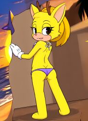 ai_generated anthro beach beanie bikini_top doe_vinci looking_at_viewer looking_back pac-man_eyes panties sea seaside solo toontown_corporate_clash toontown_online toony yellow_fur