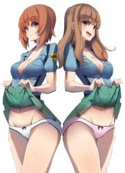 2girls absurdres alternate_costume aoshidan_school_uniform belt black_belt blue_shirt blunt_bangs bow bow_panties breasts brown_eyes brown_hair cleavage closed_mouth clothes_lift collared_shirt commentary cowboy_shot girls_und_panzer green_skirt groin highres lifted_by_self long_hair looking_at_viewer medium_breasts multiple_girls navel nishizumi_miho open_mouth panties pink_panties pleated_skirt sattinittas school_uniform shirt short_hair short_sleeves side-by-side simple_background skirt skirt_lift smile spanish_flag standing suspender_skirt suspenders takebe_saori underwear white_background white_panties