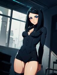 ai_generated black_hair blue_eyes blue_eyeshadow breasts dark_clothing ergo_proxy eyeshadow female female_only goth_girl pale pale-skinned_female re-l_mayer small_breasts tagme thick_thighs thighs