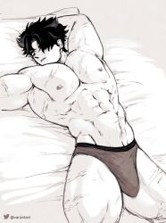 black_hair bulge genshin_impact male_only moobs muscular_arms muscular_male pecs scars sleeping thighs underwear varantart wriothesley_(genshin_impact)