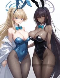 2girls absurdres ai_generated alternate_costume animal_ears aqua_bow aqua_bowtie arm_tattoo arms_behind_back bangs bare_shoulders black_hair black_leotard black_pantyhose blonde_hair blue_archive blue_bow blue_bowtie blue_eyes blue_leotard blush bow bowtie breast_press breasts brown_eyes brown_pantyhose cleaning_&_clearing_(blue_archive) cleavage closed_mouth coat collar collarbone covered_navel cowboy_shot dark-skinned_female dark_skin detached_collar dress_shirt fake_animal_ears hair_between_eyes hair_intakes hairband halo high_ponytail highleg highleg_leotard highres jacket karin_(blue_archive) karin_(bunny)_(blue_archive) large_breasts legs_together leotard long_hair long_sleeves looking_at_viewer millennium_science_school_student multiple_girls number_tattoo off_shoulder official_alternate_costume open_clothes open_mouth open_shirt pantyhose parted_lips playboy_bunny ponytail rabbit_ears shirt shoulder_tattoo sidelocks simple_background skindentation smile standing strapless strapless_leotard tattoo thigh_gap thighband_pantyhose thighs toki_(blue_archive) toki_(bunny)_(blue_archive) traditional_bowtie very_long_hair white_background white_coat white_jacket white_shirt yellow_eyes