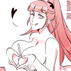 cum cum_between_breasts cum_on_breasts fire_emblem fire_emblem:_three_houses heart heart_hands hilda_valentine_goneril myutoeve nintendo nude pink_hair solo source_request tongue_out wink