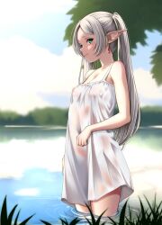 1girls alternate_version_available breasts clothing dress ear_piercing earrings female female_only frieren green_eyes hair long_hair looking_at_viewer osuzu_akiomi pointy_ears small_breasts solo solo_female sousou_no_frieren water wet wet_clothes wet_clothing wet_dress white_dress white_hair