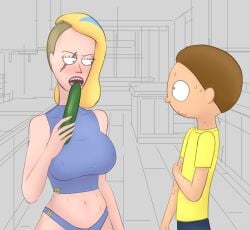 1boy 1girls adult_swim belly belly_button blonde_hair breasts colored curvy diklonius eyebrow_piercing female hi_res huge_breasts male milf morty_smith mother_and_son older_woman_and_younger_boy panties pickle rick_and_morty scar_across_eye shaved_side space_beth sweat undercut