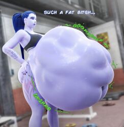 1girls 3d 3d_(artwork) big_ass big_belly big_breasts black_nails blender blizzard_entertainment blue_hair dialogue digestion_noises double_belly gym hand_on_hip overwatch overwatch_2 plaguefatty purple_skin sports_bra sweat tattoos thick_thighs vore vore_belly widowmaker yellow_eyes