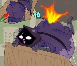 anthro armor ass bear belly big_butt bodily_fluids butt cutaway damage_numbers epic_games expansion explosion female fortnite fur furry glistening glistening_belly glistening_butt glowing glowing_eyes hidden97 hooded_cloak huge_belly inflation mammal missile number purple_body purple_fur raven_team_leader rocket scar solo sweat unexpected_expansion