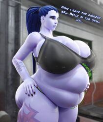 1girls 3d 3d_(artwork) bbw big_ass big_belly big_breasts black_nails blender blizzard_entertainment blue_hair dialogue digestion_noises gym hand_on_hip massive_breasts overwatch overwatch_2 plaguefatty post_vore purple_skin sports_bra sweat tattoos thick_thighs vore vore_belly weight_gain widowmaker yellow_eyes