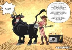 anal anal_probe anal_probing animal_genitalia balls bull castration cattle comic cowgirl cowgirl_hat cowgirl_outfit dialogue electric_cattle_immobilizer electric_plug electricity farm farmgirl funny huge_testicles imminent_castration knife male_penetrated male_penetrating malesub psicoero wild_west