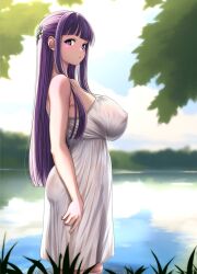 1girls alternate_version_available big_breasts breasts clothing dress female female_only fern_(sousou_no_frieren) hair huge_breasts large_breasts long_hair looking_at_viewer osuzu_akiomi purple_eyes purple_hair sideboob solo solo_female sousou_no_frieren water wet wet_clothes wet_clothing wet_dress white_dress