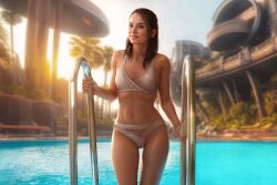 1girls 3d athletic athletic_female breasts brown_hair drdabblur female female_only hi_res hourglass_figure light-skinned_female light_skin navel pinup pool rey slim_waist small_breasts smile solo star_wars swimsuit the_force_awakens thighs water