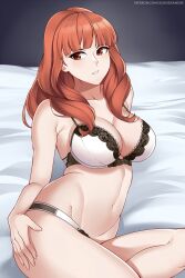 1girls aslindsamure bed bedsheets bra celica_(fire_emblem) cleavage female fire_emblem fire_emblem_echoes:_shadows_of_valentia large_breasts lingerie long_hair nintendo pale-skinned_female pale_skin panties red_eyes red_hair solo white_lingerie