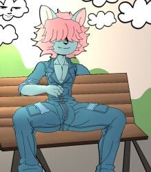 bench bulge cat_ears cat_tail femboy furry furu_flami furu_ice parody pink_hair seductive_look sitting_on_chair thick_thighs yaranaika