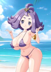 1girls :3 acerola_(pokemon) aged_up alternate_breast_size beach bikini breasts female female_only game_freak huge_breasts light-skinned_female light_skin medium_hair nintendo outdoors pokemon pokemon_sm purple_eyes purple_hair s.forest solo thick_thighs