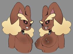 1boy1girl big_breasts big_eyebrows black_sclera brown_body collar duo duo_focus evilcrispicular female_lopunny flat_chest looking_at_viewer lopunny male_lopunny nipple_piercing no_humans pink_eyes pink_nose pokémon_(species) pokemon pokemon_(species) tagme