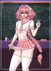 1boy astolfo_(fate) astolfo_(fate/apocrypha) big_balls big_penis boy cute fate/apocrypha fate/grand_order fate_(series) femboy huge_balls huge_cock huge_testicles large_penis male_focus male_only niramoli school school_uniform schoolgirl skirt solo_male trap wink winking_at_viewer