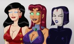 3girls alien alien_girl alien_humanoid animated big_breasts black_hair blue_eyes bob_cut breasts cartoon_network cleavage closed_eyes clothed clothing clothing_cutout dc dc_comics donna_troy drooling earrings female female_only forehead_jewel green_eyes grey_skin happy_trance hypnosis hypnotic_eyes hypnotized koriand&#039;r leotard lipstick long_hair long_hair_female mind_control multiple_girls open_mouth open_smile orange_skin parted_lips polmanning purple_eyes purple_hair purple_lipstick rachel_roth raven_(dc) red_eyes red_hair red_lipstick saliva short_hair short_hair_female smile starfire superhero superheroine tamaranean tan_skin teen_titans teeth_showing trio trio_focus wonder_girl wonder_woman_(series)