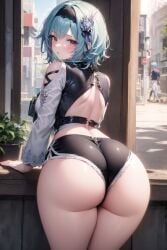 ai_generated alternate_costume aqua_hair ass ass_focus bare_shoulders big_ass blush breasts bubble_butt embarrassed eula_(genshin_impact) fat_ass female from_behind genshin_impact hair_ornament hairband huge_ass large_ass large_breasts leaning leaning_forward looking_at_viewer looking_back medium_breasts open_mouth parted_lips red_eyes shiny shiny_clothes shiny_hair shiny_skin short_hair short_shorts shorts sideboob solo swooty_booty