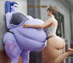 2girls 3d 3d_(artwork) bbw belly_stuffing big_ass big_belly big_breasts black_nails blender blizzard_entertainment blue_hair brown_hair confusion dialogue fat gym hand_on_belly hugging massive_breasts one_leg_up overwatch overwatch_2 plaguefatty purple_skin question_mark sports_bra sweaty tattoos thick_thighs tracer weight_gain widowmaker yellow_eyes yuri