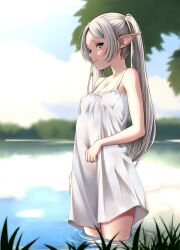 1girls alternate_version_available breasts clothing dress ear_piercing earrings female female_only frieren green_eyes hair long_hair looking_at_viewer osuzu_akiomi pointy_ears small_breasts solo solo_female sousou_no_frieren water white_dress white_hair