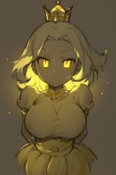 ai_generated blonde_hair crown female female five_nights_at_freddy's five_nights_at_freddy's:_security_breach glowing_eyes glowing_hair pixai princess_quest_(fnaf) solo tight_clothing tight_dress yellow_background yellow_dress yellow_eyes yellow_skin