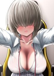 1girls big_breasts blush bottomwear breasts cleavage female female_only grey_hair hair hair_over_one_eye huge_breasts large_breasts lips osuzu_akiomi pleated_skirt shirt short_hair skirt solo solo_female topwear uzaki-chan_wa_asobitai! uzaki_yanagi white_shirt