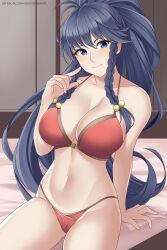 1girls alternate_costume aslindsamure bed bikini blue_eyes blue_hair braids breasts cleavage dark_blue_hair female female_only fire_emblem fire_emblem:_the_sacred_stones large_breasts nintendo on_bed ponytail red_bikini red_swimsuit solo swimsuit tana_(fire_emblem)