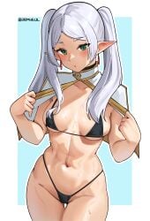 1girls bikini breasts cromwellb elf elf_ears elf_female female frieren green_eyes hitler light-skinned_female light_skin long_hair medium_breasts navel pointy_ears sousou_no_frieren sweat thighs twintails white_hair