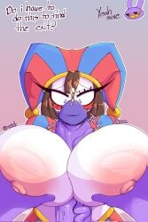 1boy 1girls 2023 2d 2d_(artwork) 2d_artwork anthro big_breasts boobjob breasts brown_hair dialogue female gardegu glitch_productions gloves gooseworx grabbing grabbing_breasts jax_(the_amazing_digital_circus) jester jester_cap jester_costume jester_hat jester_outfit looking_at_penis male nipples paizuri penis pomni_(the_amazing_digital_circus) presenting purple_penis short_hair straight the_amazing_digital_circus tits tits_out veiny_penis white_body